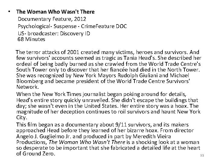  • The Woman Who Wasn't There Documentary Feature, 2012 Psychological- Suspense - Crime.
