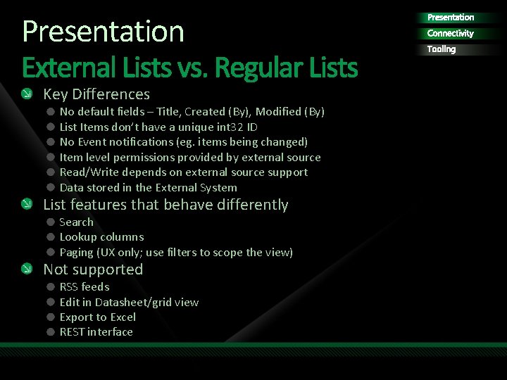 Presentation Key Differences No default fields – Title, Created (By), Modified (By) List Items