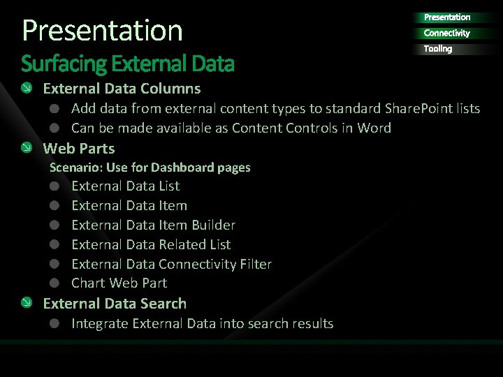 Presentation Connectivity Tooling External Data Columns Add data from external content types to standard