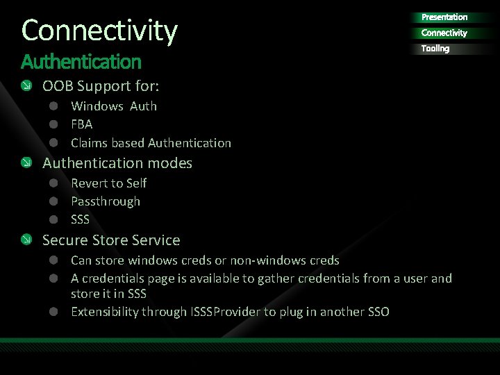 Connectivity Presentation Connectivity Tooling OOB Support for: Windows Auth FBA Claims based Authentication modes