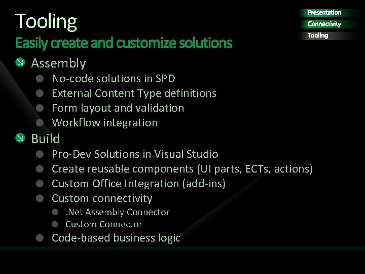 Tooling Presentation Connectivity Tooling Assembly No-code solutions in SPD External Content Type definitions Form