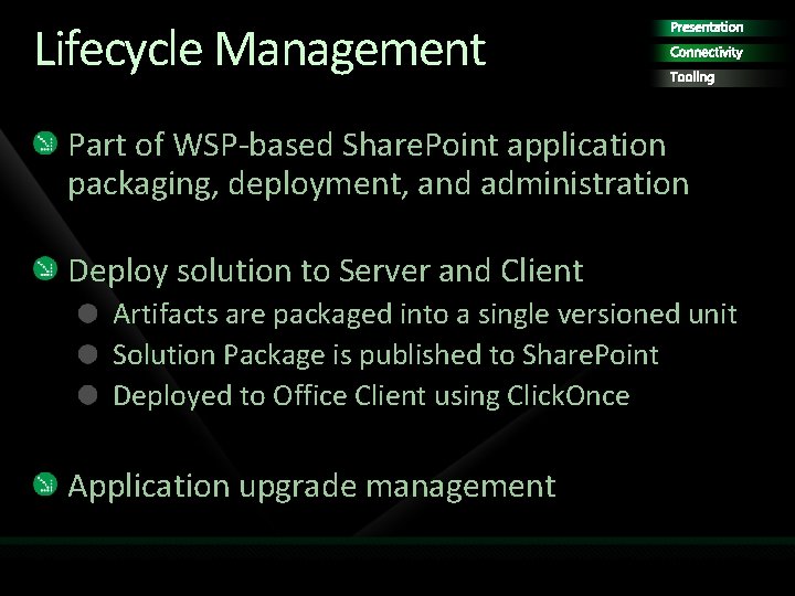 Lifecycle Management Presentation Connectivity Tooling Part of WSP-based Share. Point application packaging, deployment, and