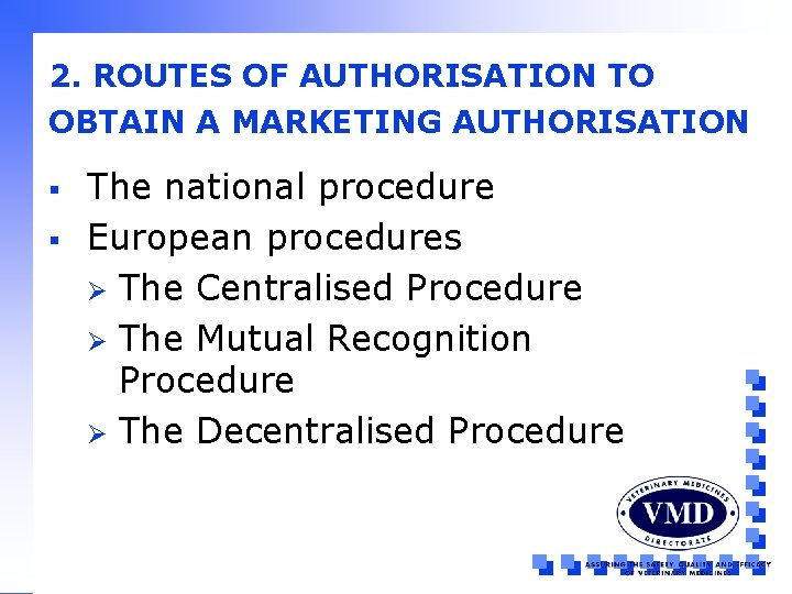 2. ROUTES OF AUTHORISATION TO OBTAIN A MARKETING AUTHORISATION § § The national procedure