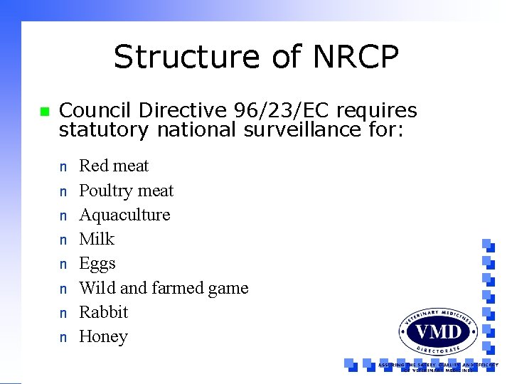 Structure of NRCP n Council Directive 96/23/EC requires statutory national surveillance for: n n