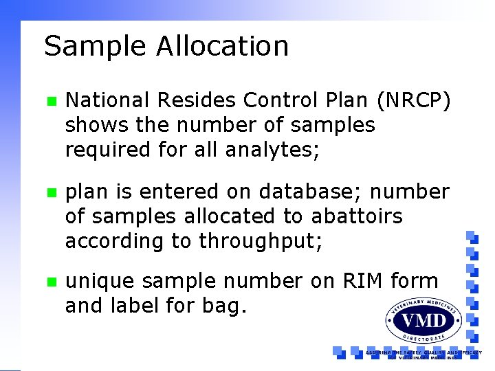 Sample Allocation n National Resides Control Plan (NRCP) shows the number of samples required