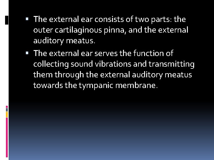  The external ear consists of two parts: the outer cartilaginous pinna, and the