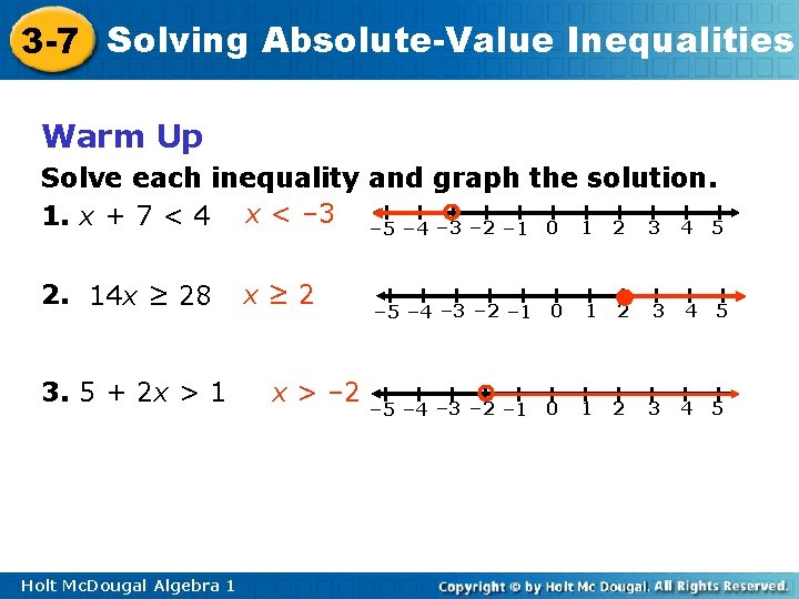 3 -7 Solving Absolute-Value Inequalities Warm Up Solve each inequality and graph the solution.