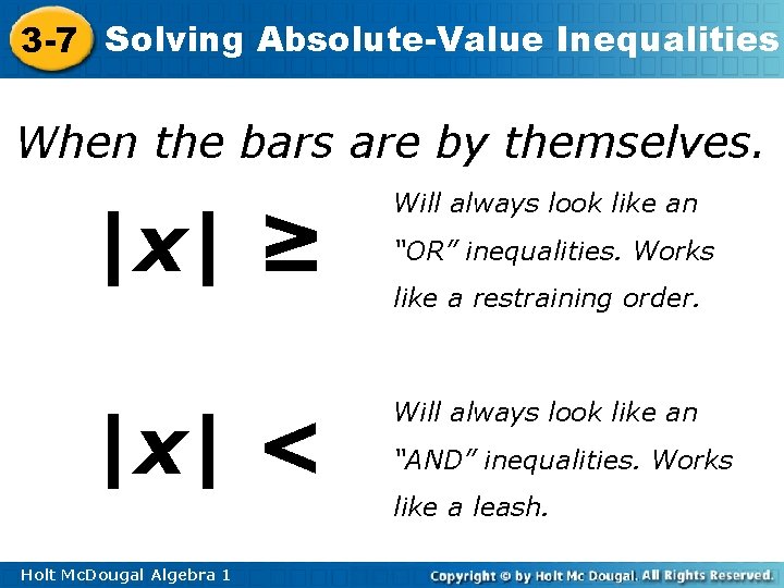 3 -7 Solving Absolute-Value Inequalities When the bars are by themselves. |x| ≥ Will
