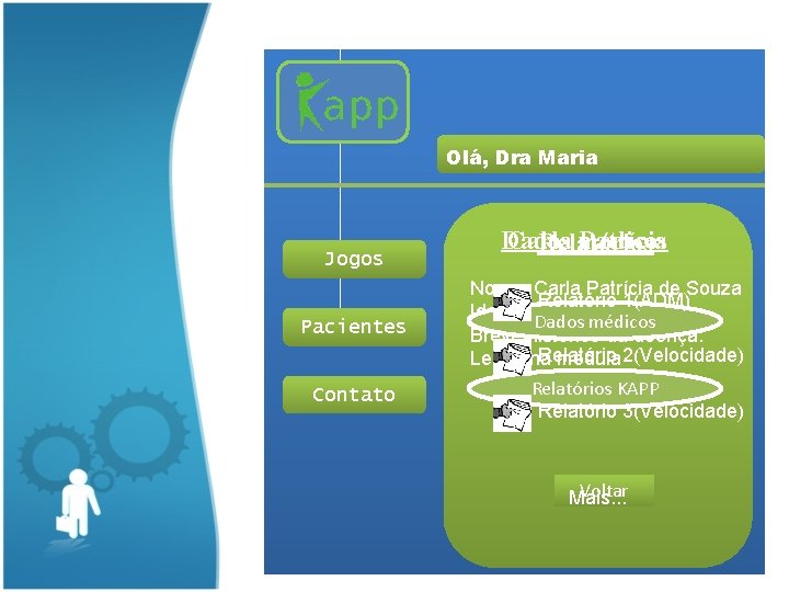 Olá, Dra Maria Jogos Pacientes Contato Dados Carla médicos Patrícia Relatórios Nome: Carla. Patríciade