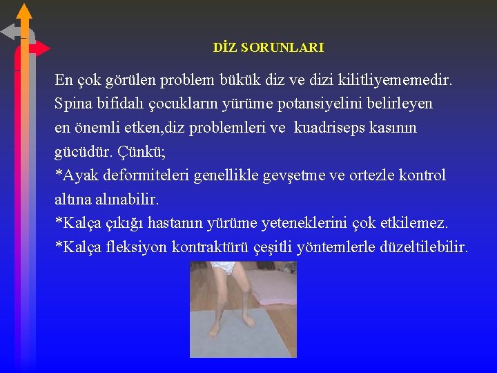 DİZ SORUNLARI En çok görülen problem bükük diz ve dizi kilitliyememedir. Spina bifidalı çocukların