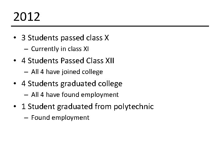 2012 • 3 Students passed class X – Currently in class XI • 4