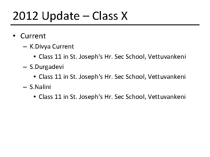 2012 Update – Class X • Current – K. Divya Current • Class 11