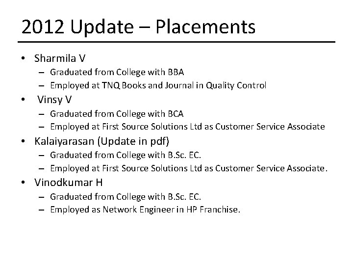 2012 Update – Placements • Sharmila V – Graduated from College with BBA –