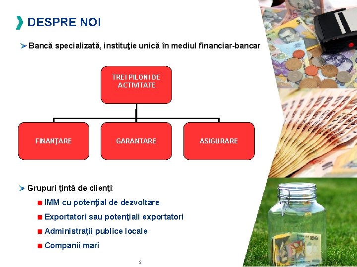 DESPRE NOI Bancă specializată, instituţie unică în mediul financiar-bancar TREI PILONI DE ACTIVITATE FINANŢARE