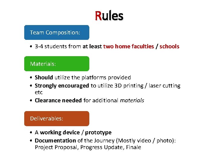 Rules Team Composition: • 3 -4 students from at least two home faculties /