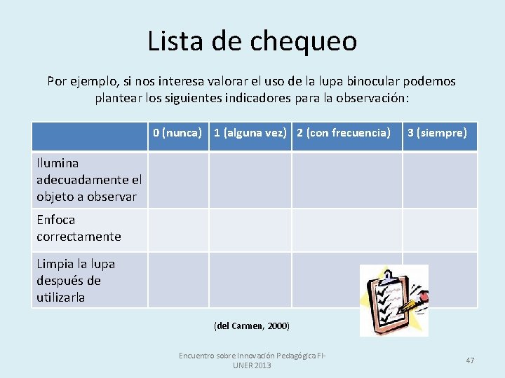 Lista de chequeo Por ejemplo, si nos interesa valorar el uso de la lupa