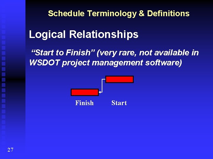 Schedule Terminology & Definitions Logical Relationships “Start to Finish” (very rare, not available in