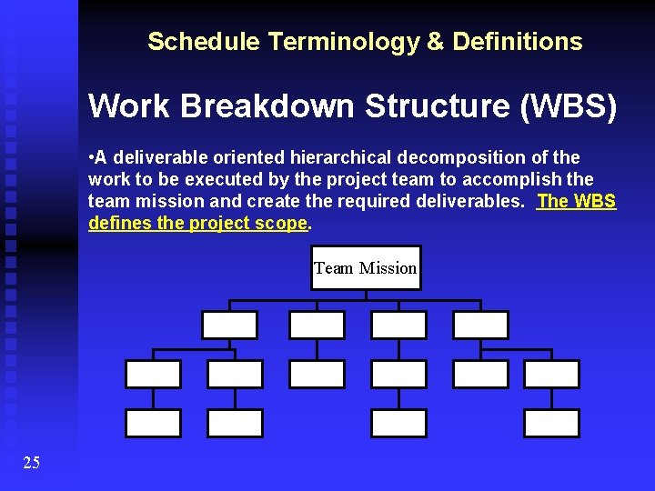 Schedule Terminology & Definitions Work Breakdown Structure (WBS) • A deliverable oriented hierarchical decomposition