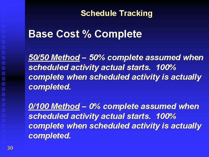 Schedule Tracking Base Cost % Complete 50/50 Method – 50% complete assumed when scheduled