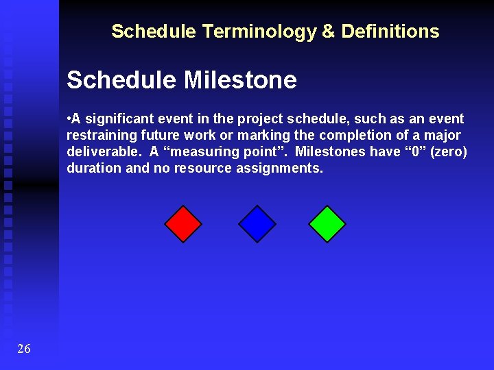 Schedule Terminology & Definitions Schedule Milestone • A significant event in the project schedule,