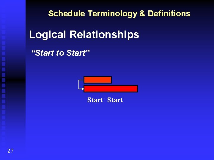 Schedule Terminology & Definitions Logical Relationships “Start to Start” Start 27 