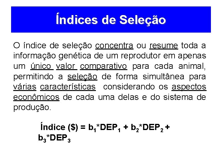 Índices de Seleção O índice de seleção concentra ou resume toda a informação genética