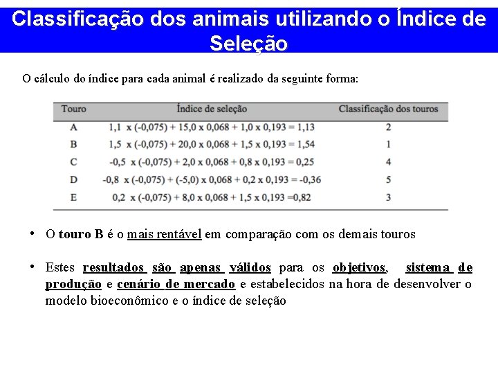 Classificação dos animais utilizando o Índice de Seleção O cálculo do índice para cada