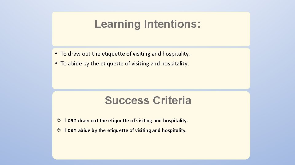 Learning Intentions: • To draw out the etiquette of visiting and hospitality. • To