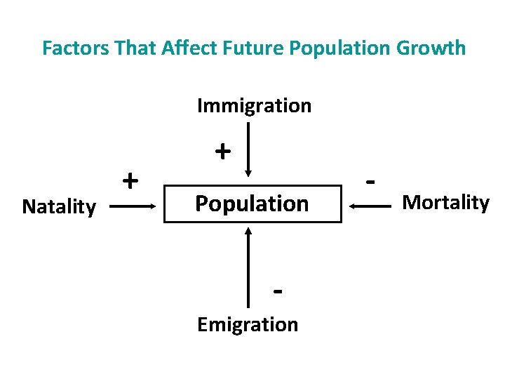 Factors That Affect Future Population Growth Immigration Natality + + Population Emigration - Mortality