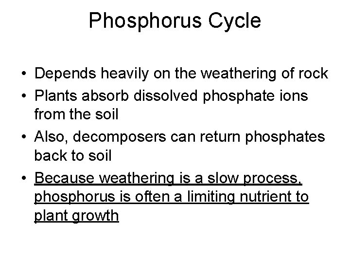 Phosphorus Cycle • Depends heavily on the weathering of rock • Plants absorb dissolved