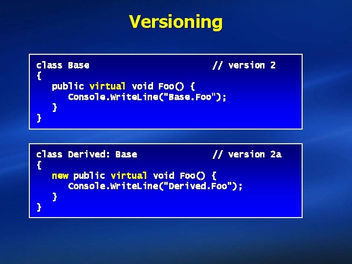 Versioning class Base // version 2 1 { } public virtual void Foo() {