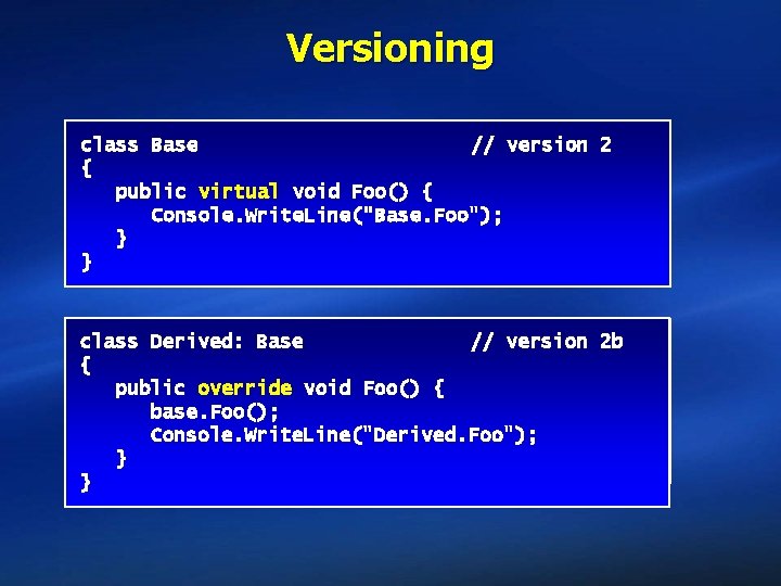 Versioning class Base // version 2 1 { } public virtual void Foo() {