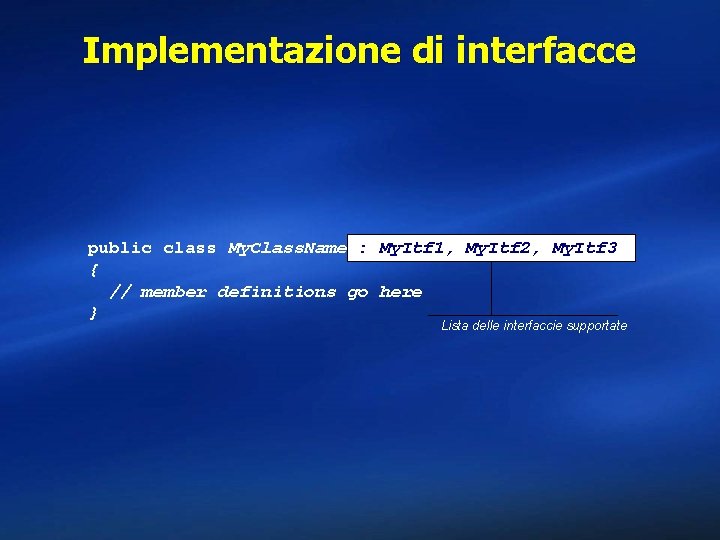 Implementazione di interfacce public class My. Class. Name : My. Itf 1, My. Itf