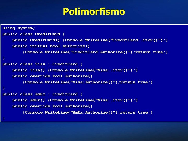 Polimorfismo using System; public class Credit. Card { public Credit. Card() {Console. Write. Line("Credit.