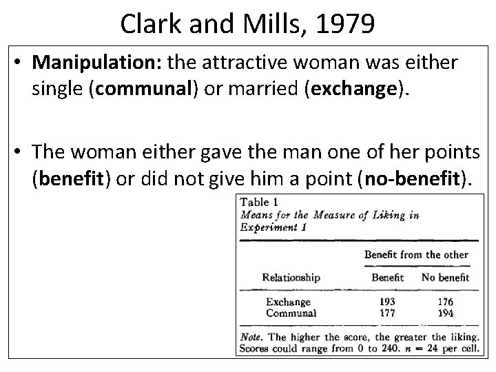 Clark and Mills, 1979 • Manipulation: the attractive woman was either single (communal) or