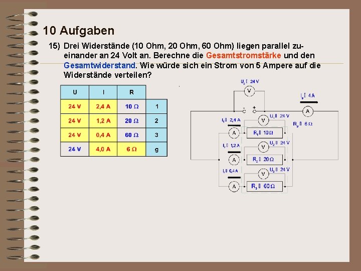 10 Aufgaben 15) Drei Widerstände (10 Ohm, 20 Ohm, 60 Ohm) liegen parallel zueinander