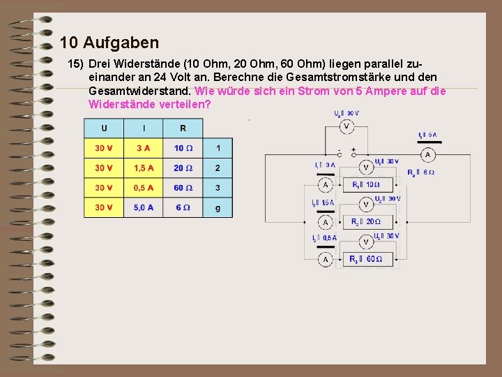 10 Aufgaben 15) Drei Widerstände (10 Ohm, 20 Ohm, 60 Ohm) liegen parallel zueinander