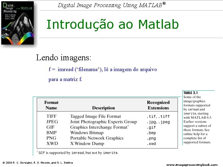 Digital Image Processing Using MATLAB® Introdução ao Matlab Lendo imagens: f = imread (‘filename’),