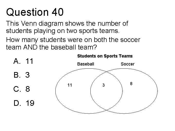 Question 40 This Venn diagram shows the number of students playing on two sports