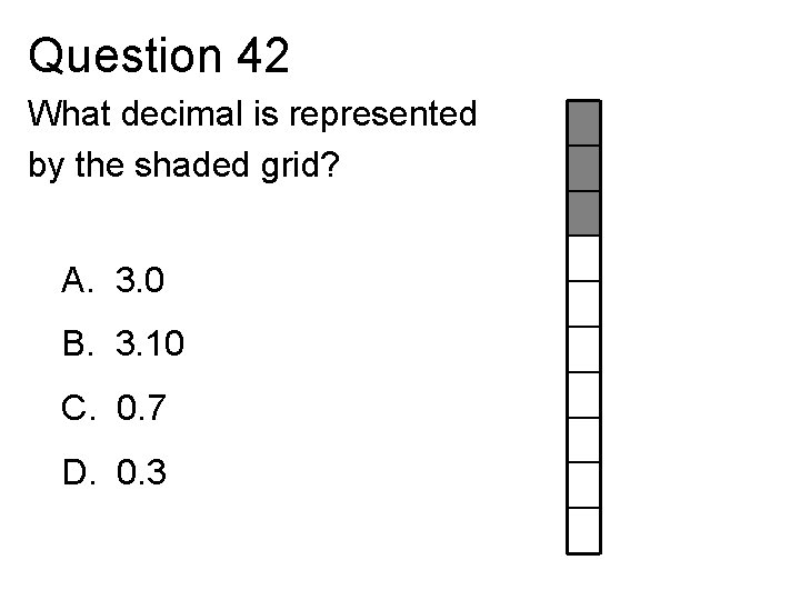 Question 42 What decimal is represented by the shaded grid? A. 3. 0 B.