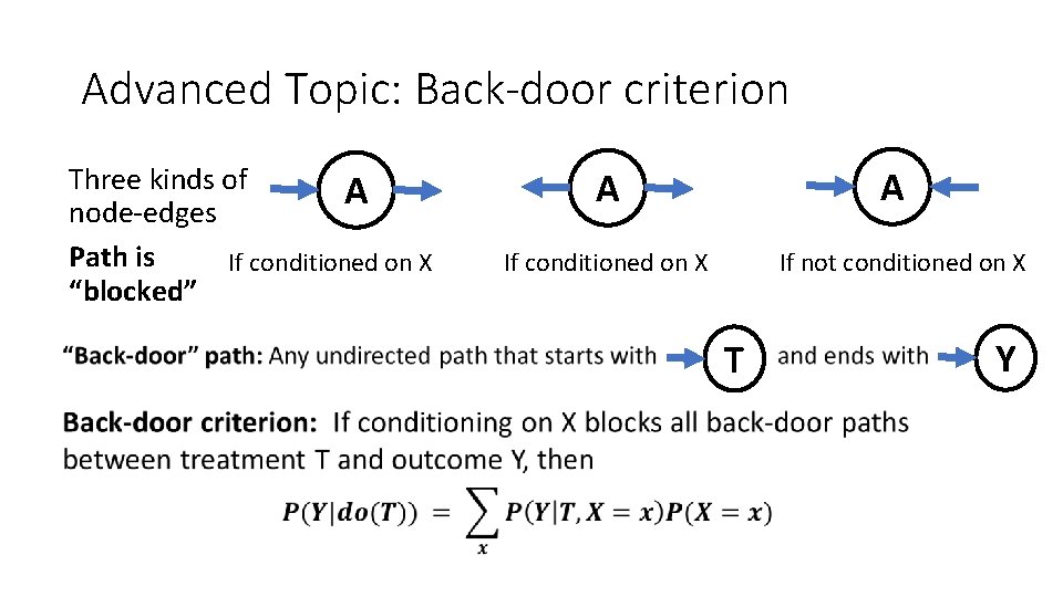 Advanced Topic: Back-door criterion Three kinds of A node-edges Path is If conditioned on