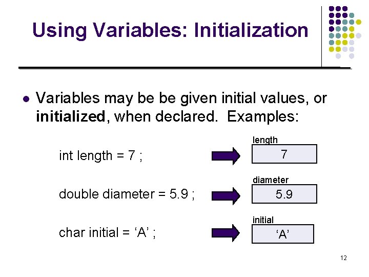 Using Variables: Initialization l Variables may be be given initial values, or initialized, when