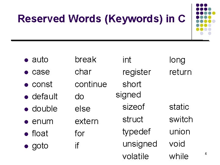 Reserved Words (Keywords) in C l l l l auto case const default double
