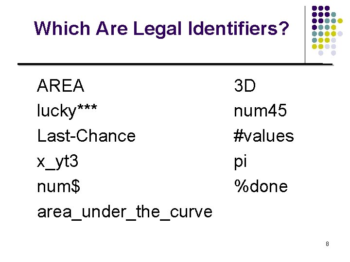 Which Are Legal Identifiers? AREA lucky*** Last-Chance x_yt 3 num$ area_under_the_curve 3 D num
