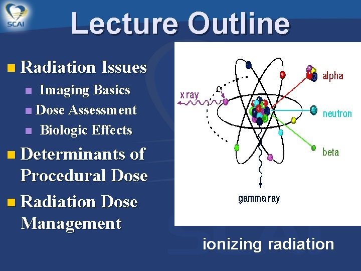Lecture Outline n Radiation Issues Imaging Basics n Dose Assessment n Biologic Effects n