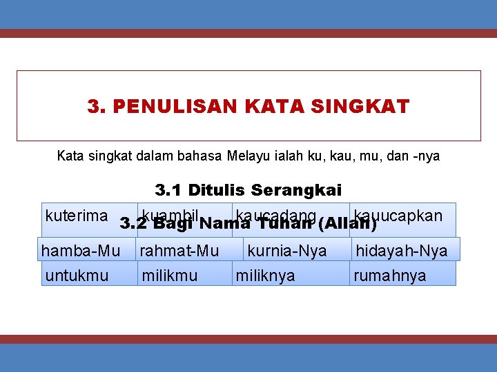 3. PENULISAN KATA SINGKAT Kata singkat dalam bahasa Melayu ialah ku, kau, mu, dan