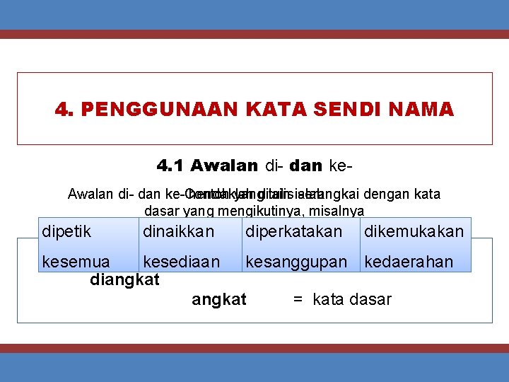 4. PENGGUNAAN KATA SENDI NAMA 4. 1 Awalan di- dan keyangditulis lain ialah Awalan