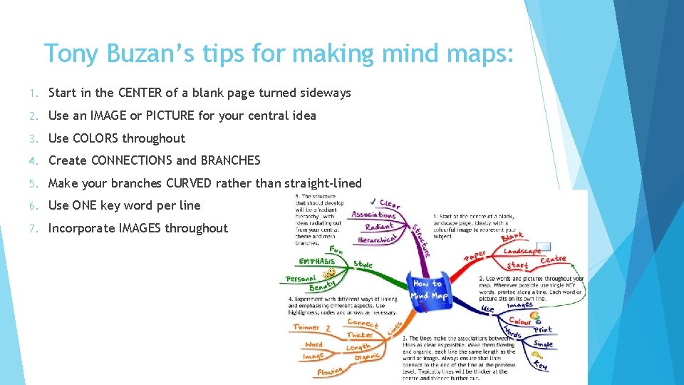 Tony Buzan’s tips for making mind maps: 1. Start in the CENTER of a