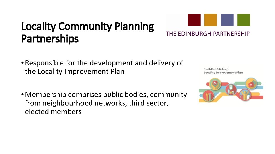 Locality Community Planning Partnerships • Responsible for the development and delivery of the Locality