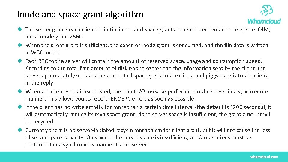Inode and space grant algorithm l The server grants each client an initial inode Inode and space grant algorithm l The server grants each client an initial inode